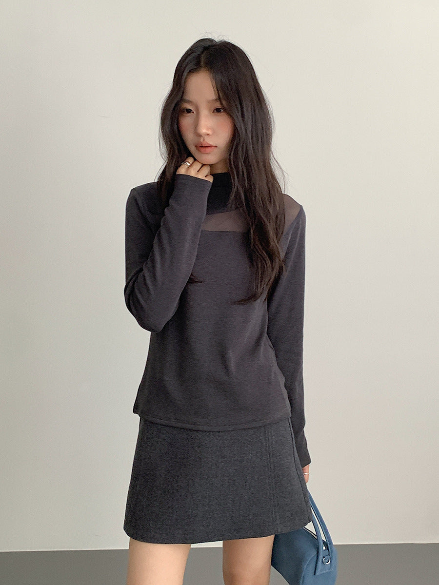 【LD11024】實拍氣質網紗拼接加絨半高領長袖T恤251124