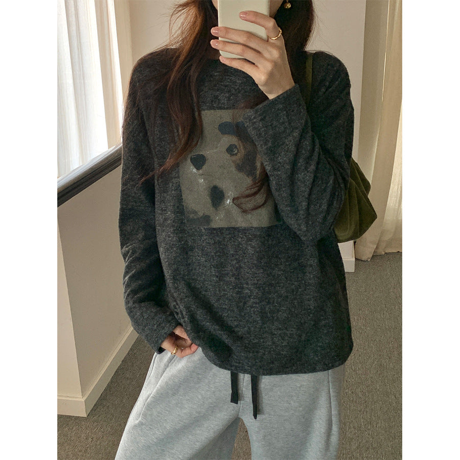 【H5499】實拍 復古磨毛狗狗印花長袖T恤251118