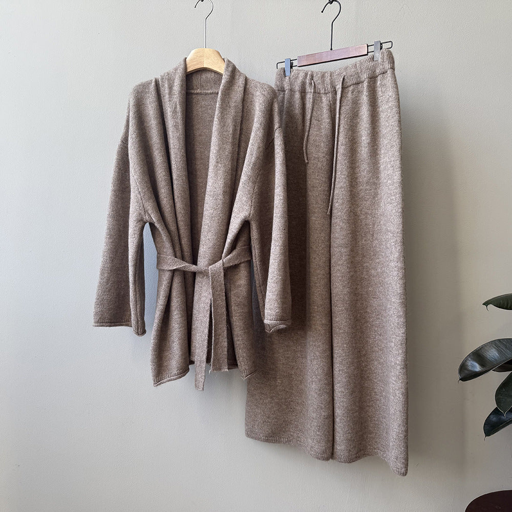 【YP1018】 實拍秋冬高級感慵懶針織開衫＋繫帶＋高腰針織闊腿褲 套裝251023