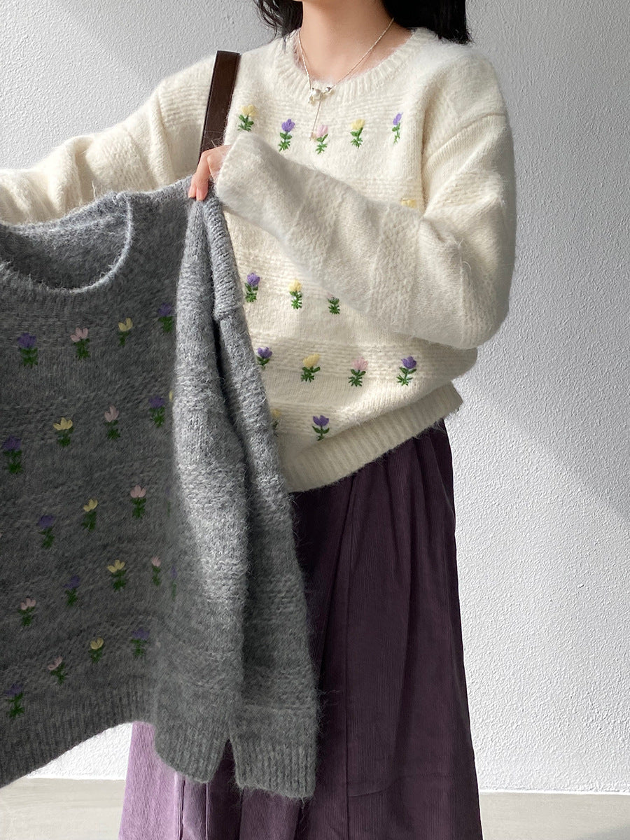 【cimz1377】實拍清新高級刺繡小花羊毛針織毛衣251128