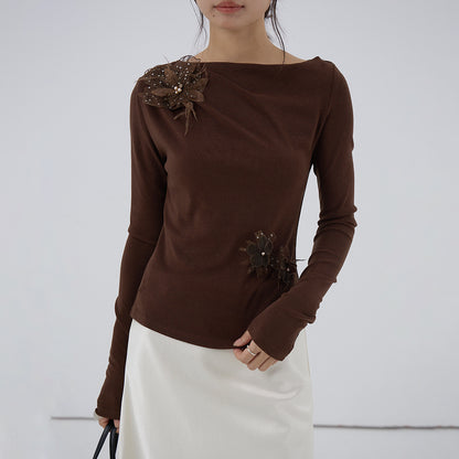 【LD3277】實拍立體花朵長袖一字領T恤251103