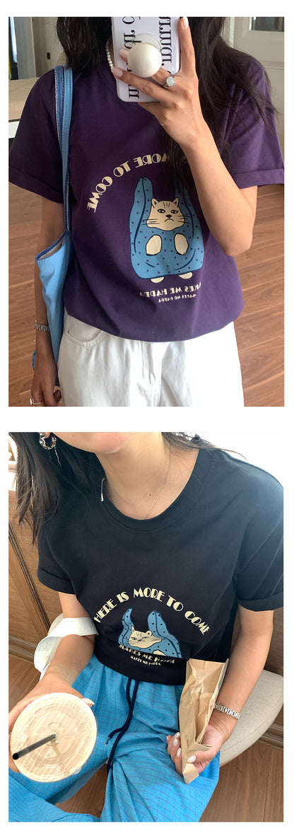 【H5165】實拍夏天帶一隻貓咪出門印花寬鬆短袖250407