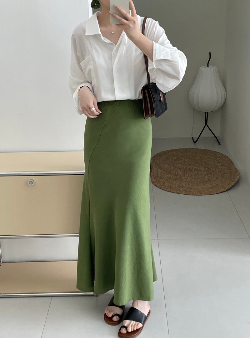 【cim5597】實拍夏季設計感斜裁魚尾裙高級感松綠色240417