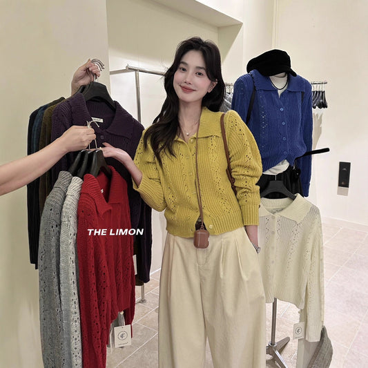 【LSC1072】檸檬簍空polo領針織開衫251117