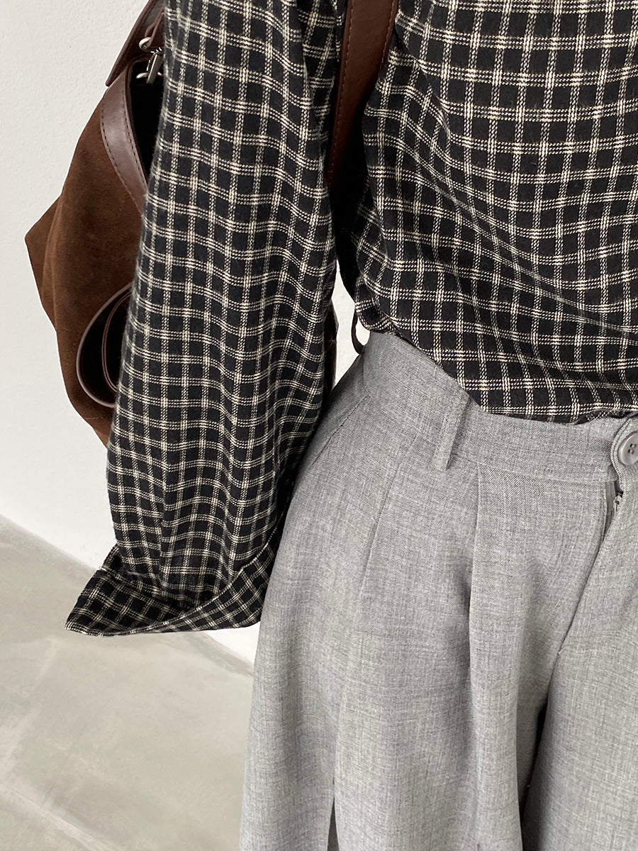 【cim1695】實拍法式磨毛領結氣質格子襯衫251030