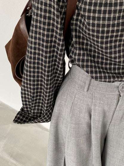 【cim1695】實拍法式磨毛領結氣質格子襯衫251030