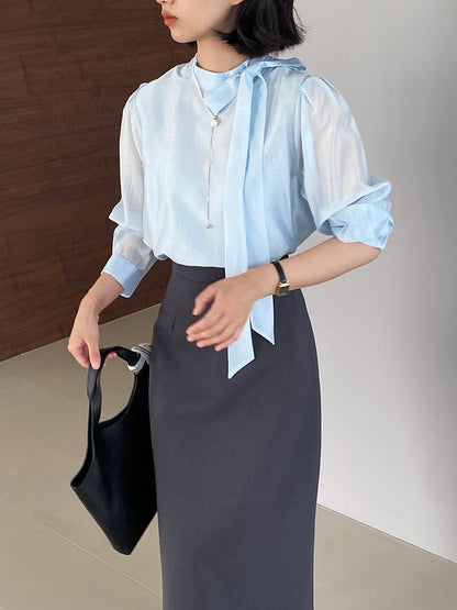 【cimz1186】韓系知性通勤🤍質感蝴蝶結飄帶天絲半高領長袖襯衫260319