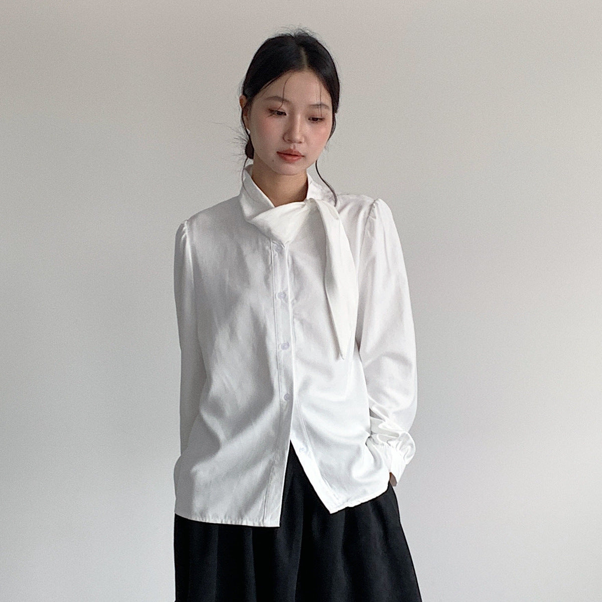 【LD3194】實拍秋冬個性立領飄帶襯衫251110