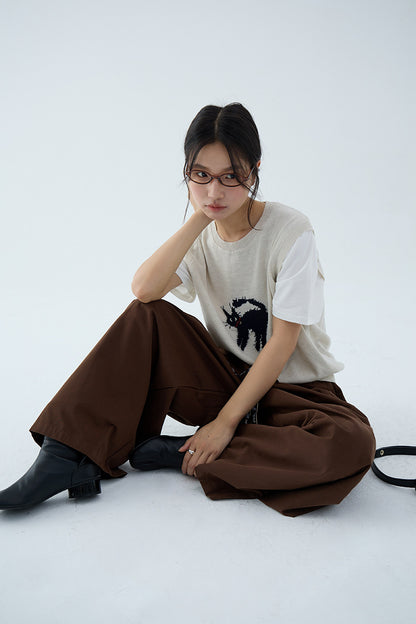 【L3143】實拍假兩件針織小貓拼接短袖針織(羊毛6%)250827