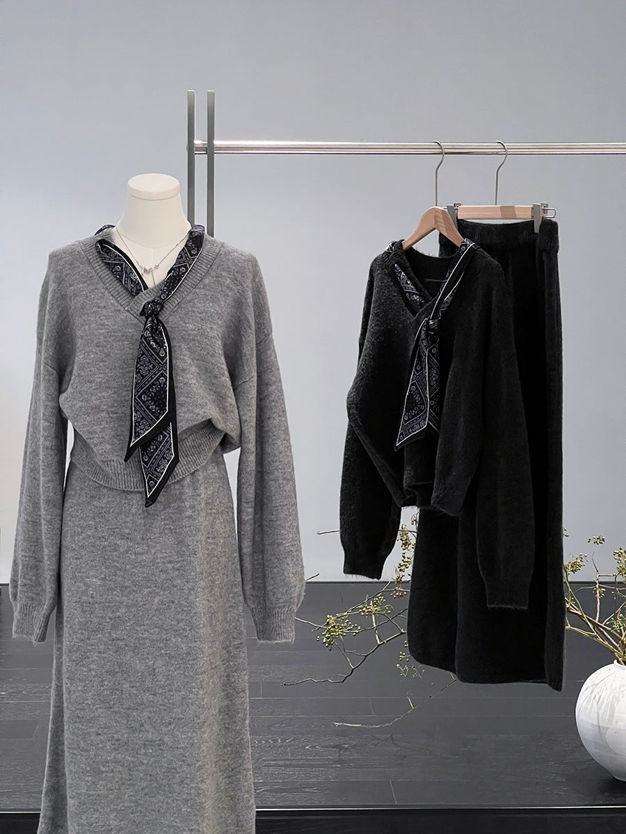 【cim823】實拍韓系軟糯短版針織毛衣+絲巾+針織長裙251030