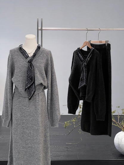 【cim823】實拍韓系軟糯短版針織毛衣+絲巾+針織長裙251030