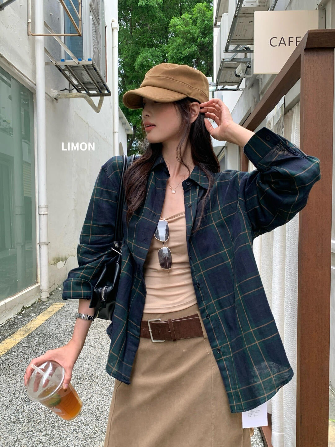 【L11323】檸檬家柠檬復古大格長袖襯衫