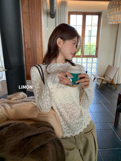 【L11371】檸檬家精緻法式・軟糯鉤花圓領長袖蕾絲上衣260916