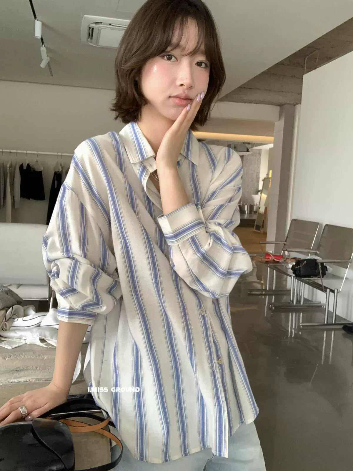 【LR70869】IMISS 日雜復古風🌾時髦百搭條紋棉麻顯瘦翻領長袖襯衫260323
