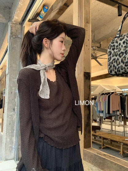 【L11075】檸檬秋季新品時髦肌理感木耳邊長袖小外套+背心兩件套裝260728