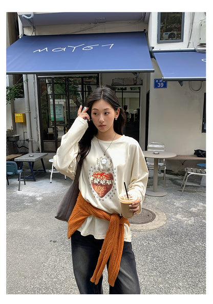 【H5397】實拍韓系甜美少女寬鬆長袖T恤250902