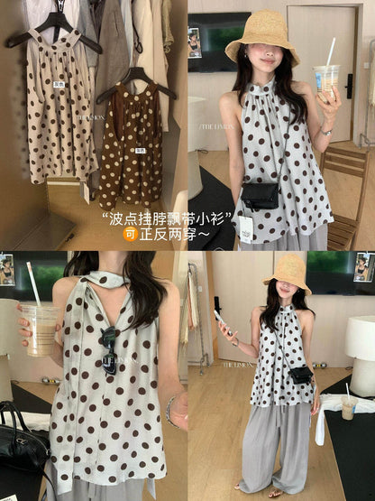 【L10709】韓系慵懶休閒風🍃正反兩穿天絲亞麻繞頸點點無袖上衣260602