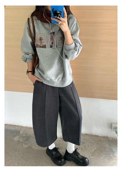 【H5449】實拍簡約廓形毛呢八分褲250923
