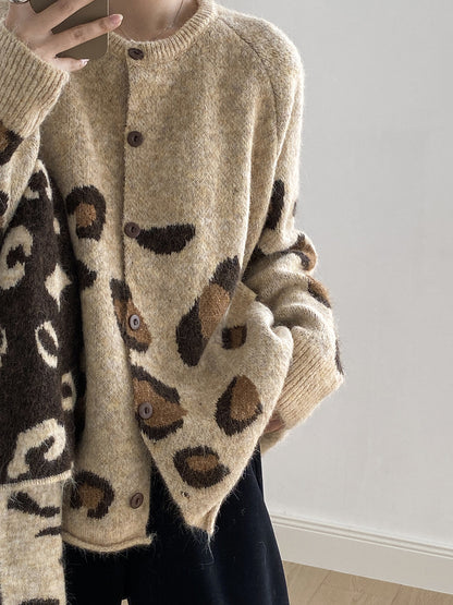 【YP2598】 實拍秋冬慵懶豹紋開衫毛衣+圍巾（含羊毛3%)251023