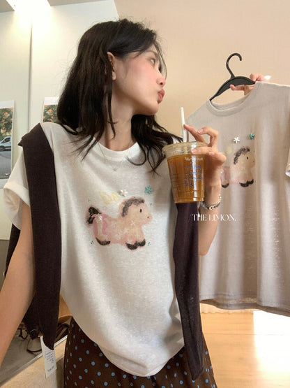 【L10362】實拍檸檬慵懶少女感必備✨精緻手工釘珠小馬印花百搭短袖T恤260408