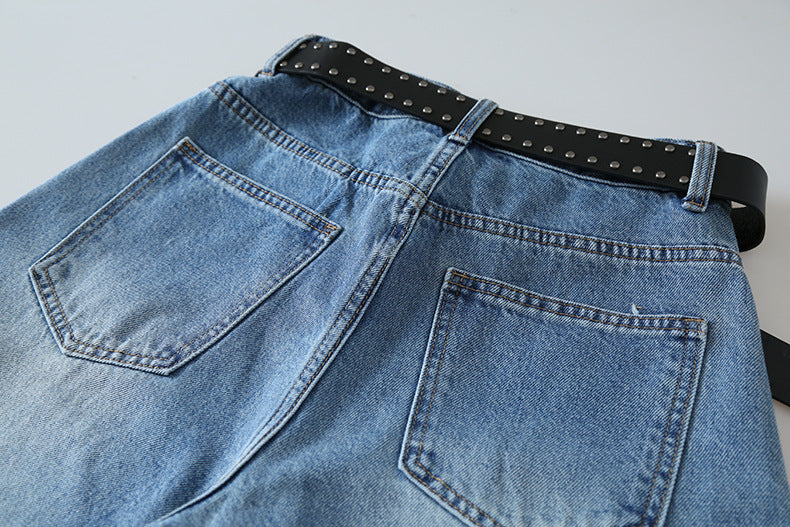 【LD11179】實拍S~XL美式復古時髦✨水洗藍刷破貓鬚寬鬆九分牛仔寬褲260317