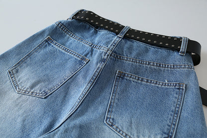 【LD11179】實拍S~XL美式復古時髦✨水洗藍刷破貓鬚寬鬆九分牛仔寬褲260317