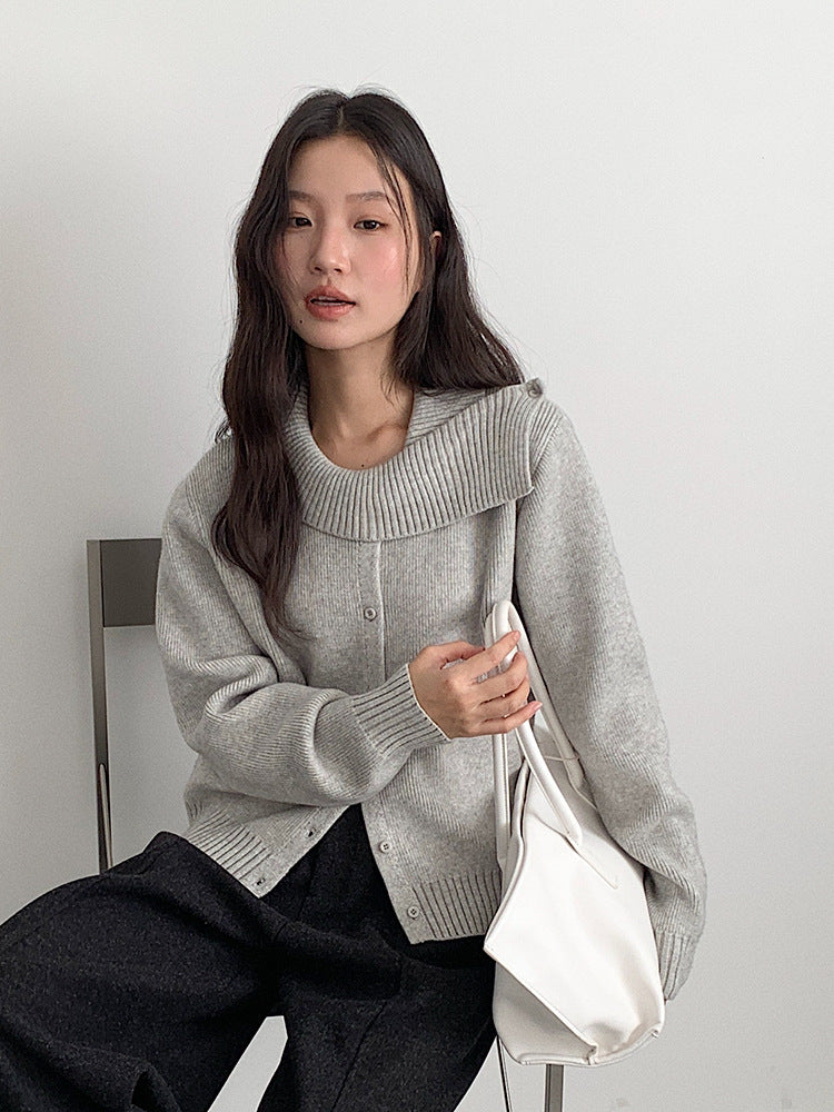 【LD11002】實拍秋冬法式設計感斜領針織毛衣外套251110