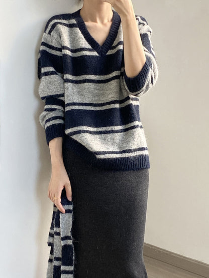 【Y25109】 實拍慵懶條紋V領毛衣＋圍巾(含羊毛3%) 251023