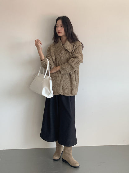 【LD3301】實拍韓系簡約高腰毛呢闊腿七分褲251103