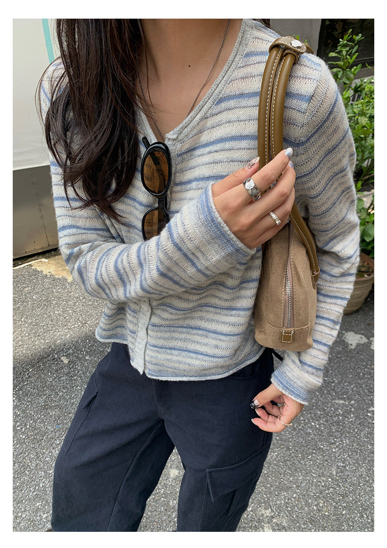 【H5403】實拍韓系復古超可愛條紋針織開衫250902