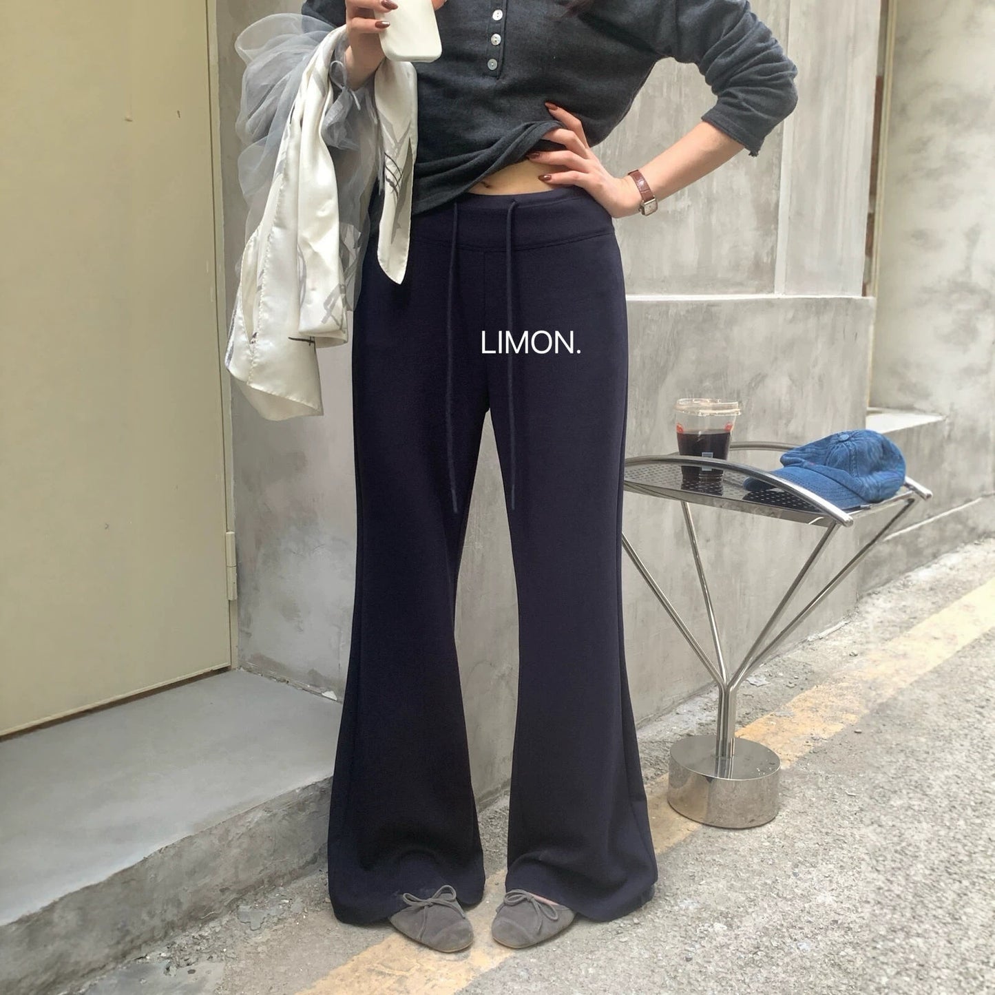 【L11125】檸檬早秋韓系簡約慵懶風顯瘦抽繩微喇叭休閒褲260728