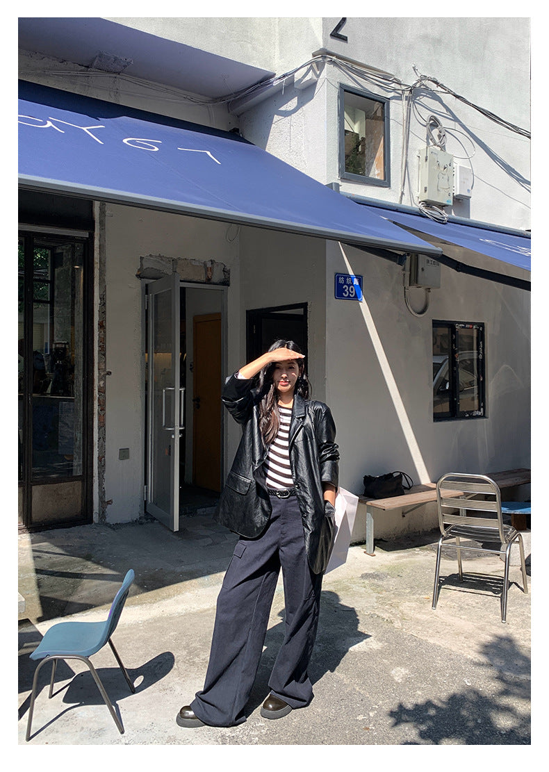 【H5398】實拍韓系高級感黑色皮衣西裝外套250902