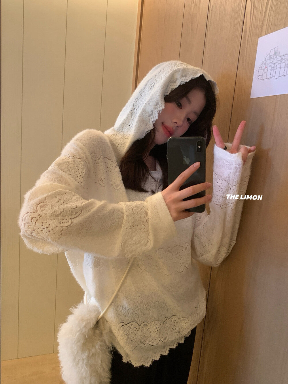 【L9359】實拍檸檬秋冬重工鈎花蕾絲寬鬆連帽蕾絲衫251117