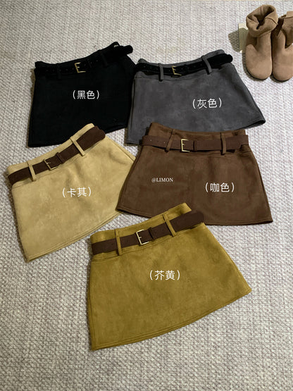 【L9238】實拍檸檬秋季質感鹿皮絨簡約復古短裙女＋腰帶250915