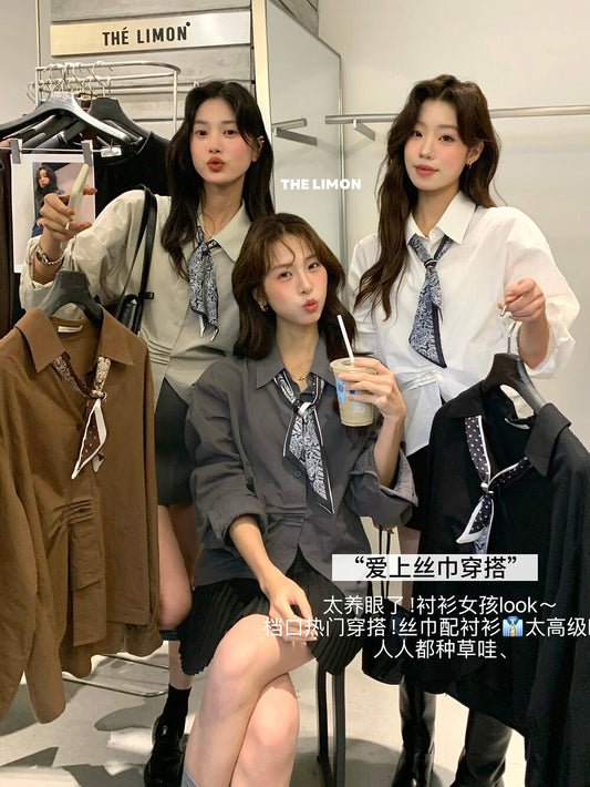【L9160】實拍檸檬家法式簡約風設計感翻領長袖襯衫＋絲巾250901
