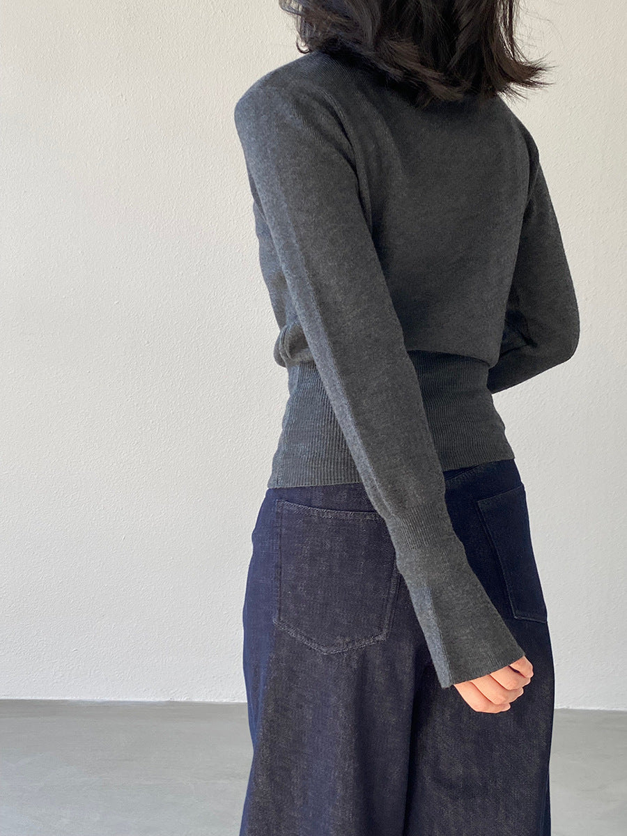 【cimz3012】實拍韓系氣質半高領喇叭袖收腰針織衫251201