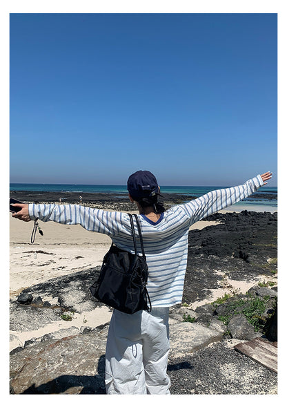 【H5386】實拍寬鬆薄款防曬圓領條紋長袖T恤250902