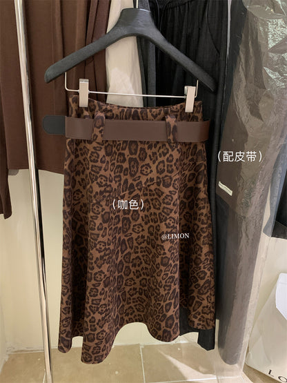 【L1175】實拍檸檬秋季時髦麂皮絨復古不規則豹紋裙＋腰帶250915