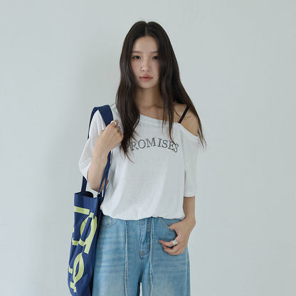 【LD11279】Y2K甜辣女孩🔥時髦單肩細肩帶字母印花假兩件露肩收腰T恤260519