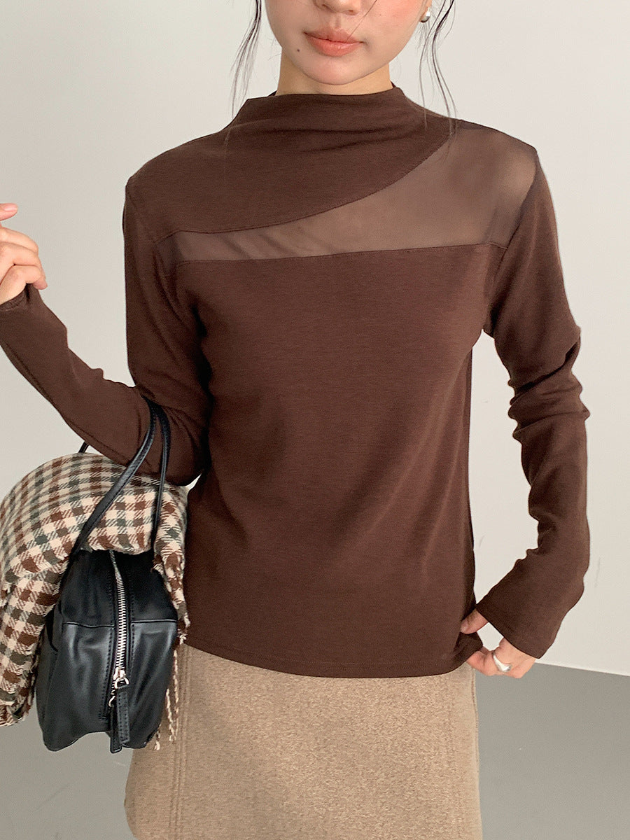 【LD11024】實拍氣質網紗拼接加絨半高領長袖T恤251124