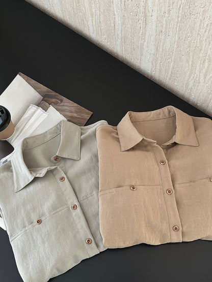 【cim6112】實拍韓國法式氣質天絲亞麻長袖襯衫251030