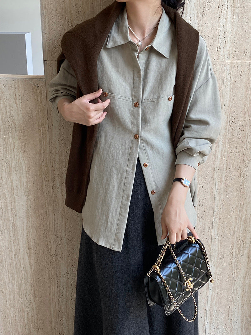 【cim6112】實拍韓國法式氣質天絲亞麻長袖襯衫251030