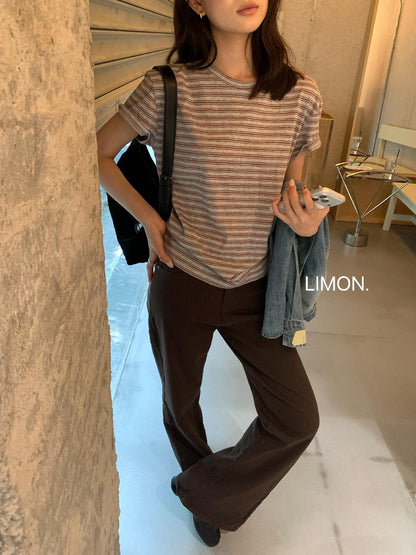 【L11158】檸檬韓系復古條紋圓領顯瘦短袖T恤260728