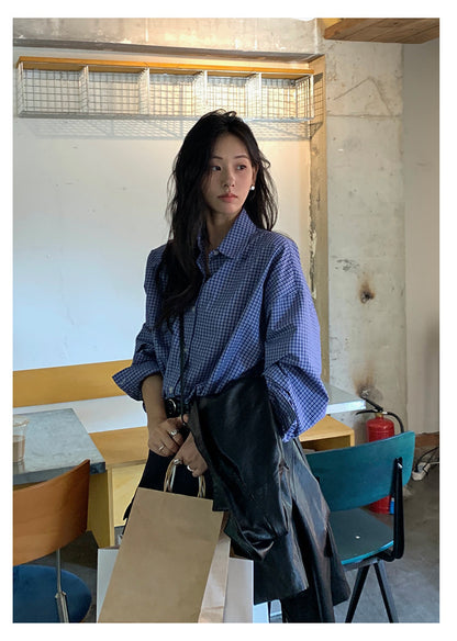 【H5401】實拍後背開叉藍色格子長袖襯衫250902