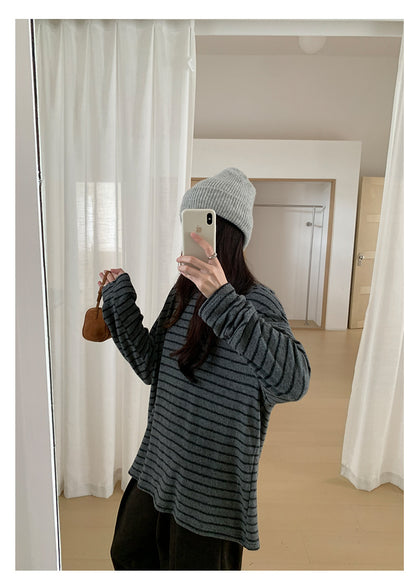 【H572】實拍復古磨毛刺繡條紋圓領T恤251021