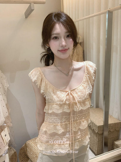 【L27010】韓系甜美純慾風🎀重工蕾絲多層荷葉邊綁帶無袖上衣260526