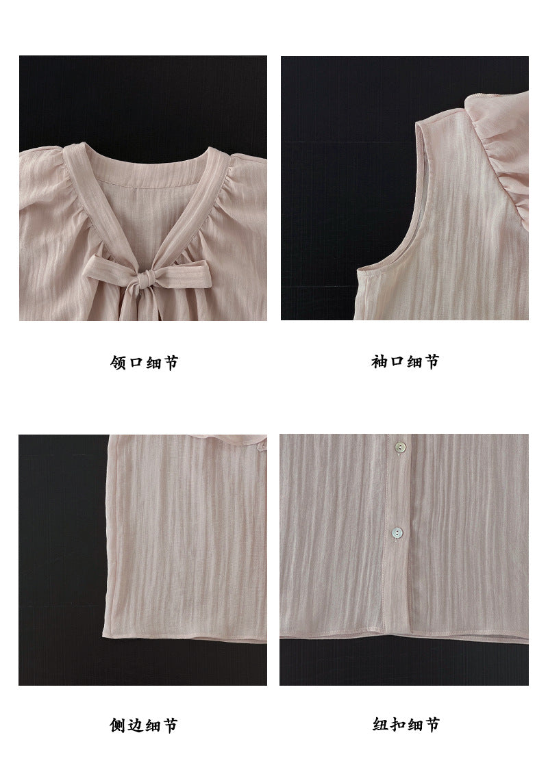【cimz6561】韓系甜美減齡🎀肌理感斗篷式荷葉邊綁帶透氣短袖襯衫260527