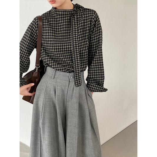 【cim1695】實拍法式磨毛領結氣質格子襯衫251030