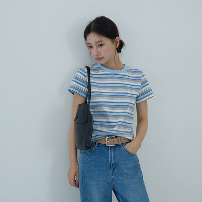 【LD11184】夏日清新海鹽藍🌊時髦百搭正肩顯瘦條紋圓領短袖T恤260324