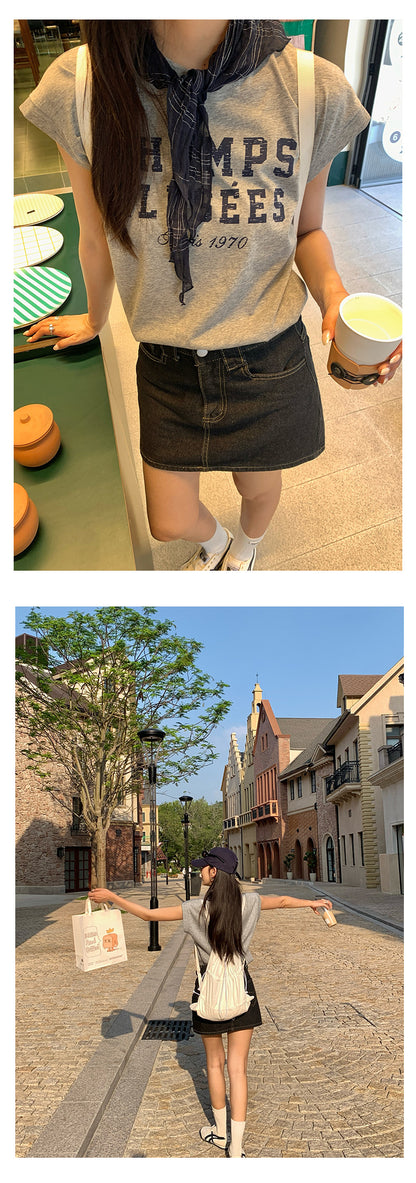 【H5227】實拍夏季時尚休閒｜字母印花圓領棉T恤＋格紋領巾250429